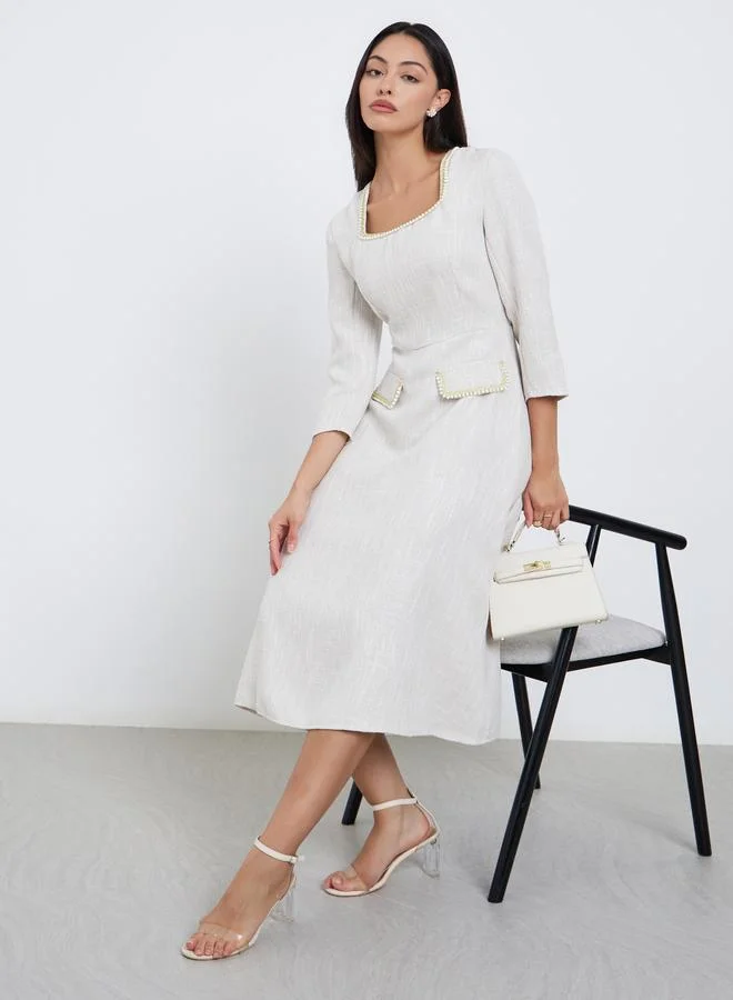 Styli Off White Faux Pearl Detail Tweed Midi Dress