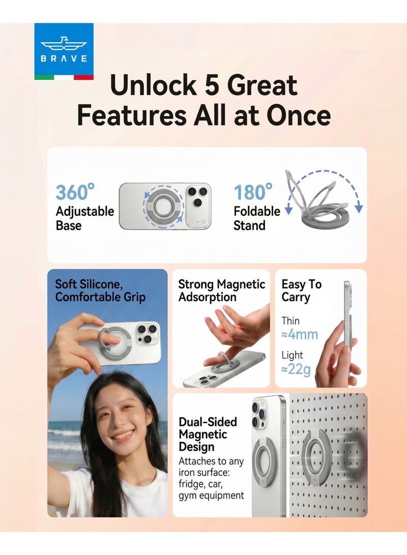 Brave MagSafe 3-in-1 Magnetic Phone Grip with Finger Strap & Kickstand – Strong Dual-Sided Silicone Anti-Drop Ring Holder, Wireless Charging Compatible, Removable Magnetic Phone Stand, Universal for iPhone 17 / 16 / 15 / 14 / 13 / 12 Series, Samsung Galaxy S25 / S24 / S23 / S22 & All Android Smartphones – Grey - Image 4