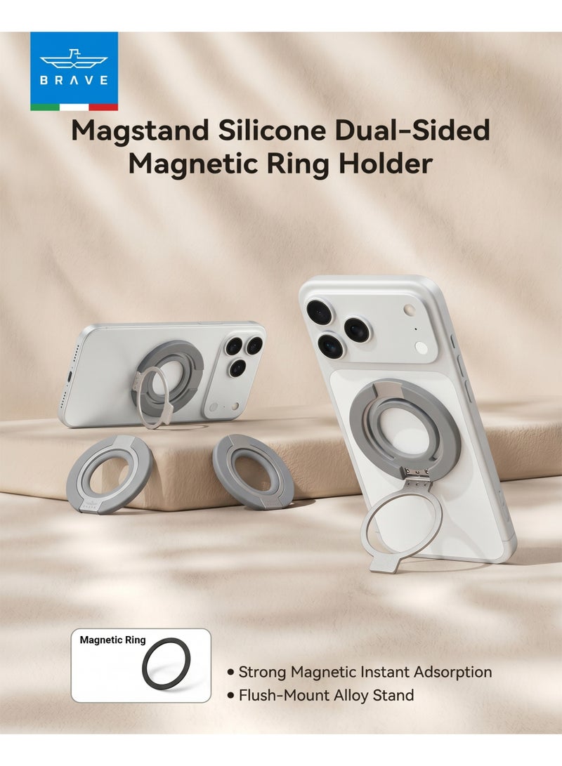 Brave MagSafe 3-in-1 Magnetic Phone Grip with Finger Strap & Kickstand – Strong Dual-Sided Silicone Anti-Drop Ring Holder, Wireless Charging Compatible, Removable Magnetic Phone Stand, Universal for iPhone 17 / 16 / 15 / 14 / 13 / 12 Series, Samsung Galaxy S25 / S24 / S23 / S22 & All Android Smartphones – Grey - Image 2