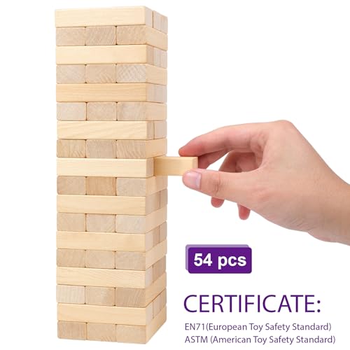 GOTHINK Tumble Tower Game for Kids and Adults, 54pcs Wooden Board Stacking Game for Family Games Night, Classical Wood Blocks Game, Standard Size with Storage Bag - Image 3