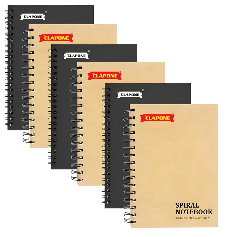 CLAPONE 6 Pcs A5 Spiral Notebook with Natural White 120 Plain Page 140 GSM Heavy Duty Paper for School/College/Office/Home Travel Writing Notebook/Journal/Sketchbook/Notepad/Lightweight/Kraft Cover/Classic Blank Spiral Notebook - Image 1