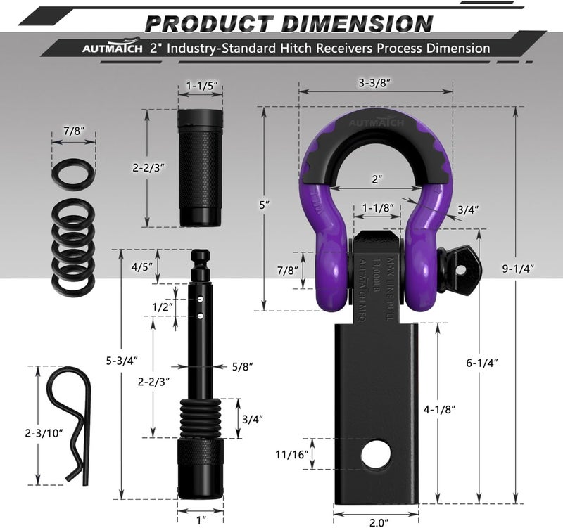 AUTMATCH Shackle Hitch Receiver 2 Inch - 3/4" D Ring Shackle and 5/8" Trailer Hitch Lock Pin, 45,000 Lbs Break Strength Heavy Duty Receiver Towing Kit for Off-Road Vehicle Recovery, Black & Purple - Image 3