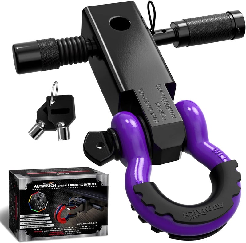 AUTMATCH Shackle Hitch Receiver 2 Inch - 3/4" D Ring Shackle and 5/8" Trailer Hitch Lock Pin, 45,000 Lbs Break Strength Heavy Duty Receiver Towing Kit for Off-Road Vehicle Recovery, Black & Purple - Image 1