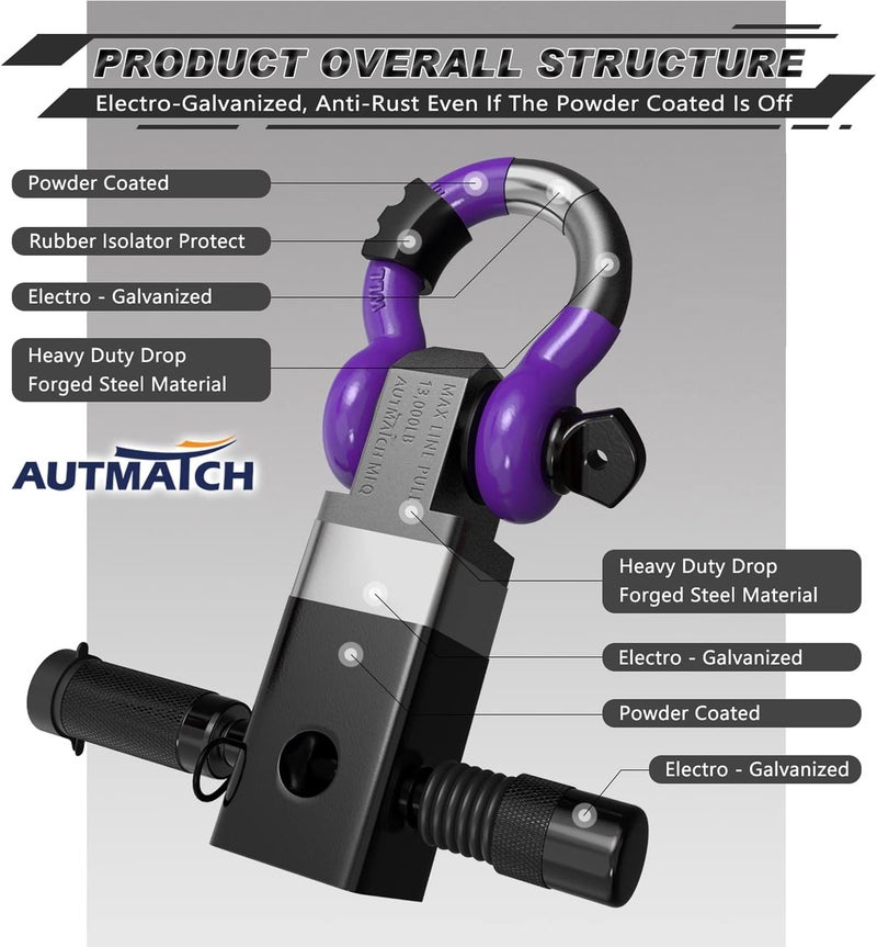 AUTMATCH Shackle Hitch Receiver 2 Inch - 3/4" D Ring Shackle and 5/8" Trailer Hitch Lock Pin, 45,000 Lbs Break Strength Heavy Duty Receiver Towing Kit for Off-Road Vehicle Recovery, Black & Purple - Image 4