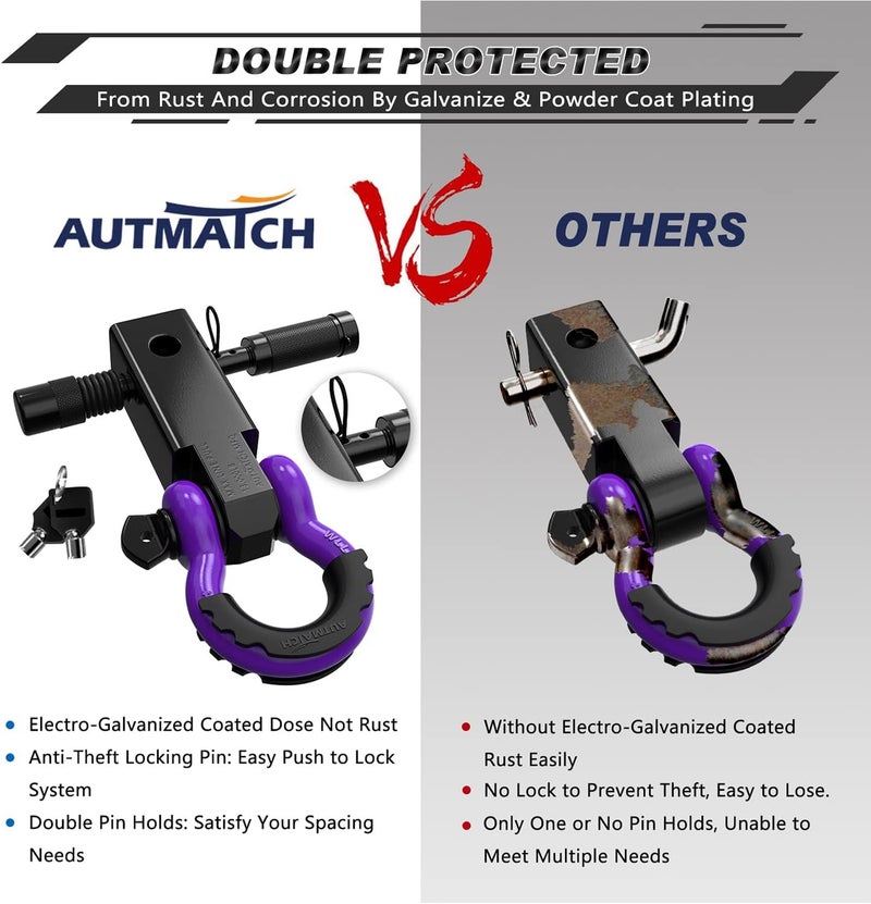 AUTMATCH Shackle Hitch Receiver 2 Inch - 3/4" D Ring Shackle and 5/8" Trailer Hitch Lock Pin, 45,000 Lbs Break Strength Heavy Duty Receiver Towing Kit for Off-Road Vehicle Recovery, Black & Purple - Image 5