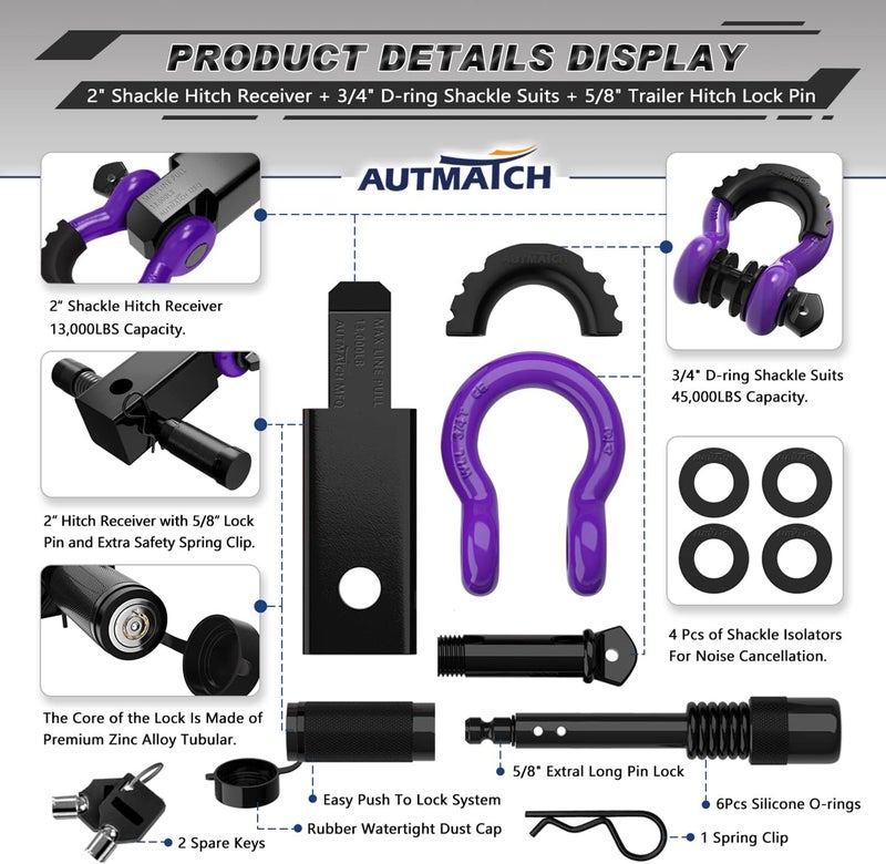 AUTMATCH Shackle Hitch Receiver 2 Inch - 3/4" D Ring Shackle and 5/8" Trailer Hitch Lock Pin, 45,000 Lbs Break Strength Heavy Duty Receiver Towing Kit for Off-Road Vehicle Recovery, Black & Purple - Image 2