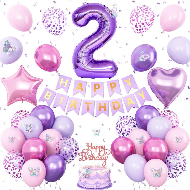 Vibzox 2nd Birthday Decoration for GirlsPink Purple 2nd Balloon Number 2 Balloon with Butterfly Stickers Star Heart Foil Balloons Happy Birthday Banner for Baby 2 Year Old Party Decor - Image 2