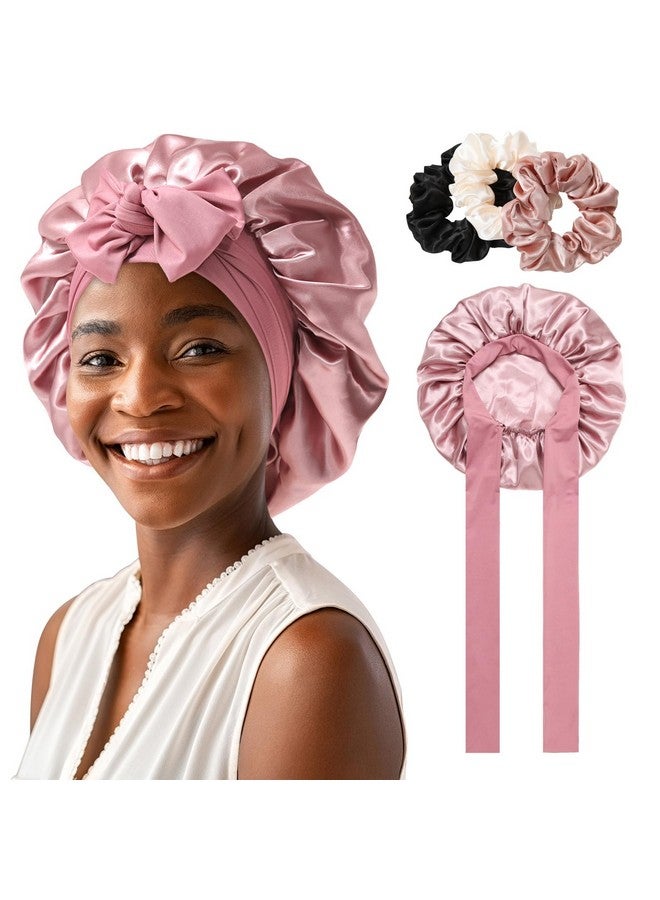 AWAYTR Satin Bonnet For Women Tie Band Hair Bonnet For Sleeping Large 2 Layered Silk Sleeping Cap Nightcap For Sleeping With 3Pcs Hair Scrunchies (Dust Rose(Bonus3 Hair Scrunchies)) - Image 1