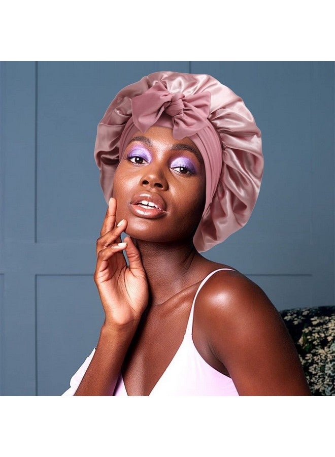 AWAYTR Satin Bonnet For Women Tie Band Hair Bonnet For Sleeping Large 2 Layered Silk Sleeping Cap Nightcap For Sleeping With 3Pcs Hair Scrunchies (Dust Rose(Bonus3 Hair Scrunchies)) - Image 5