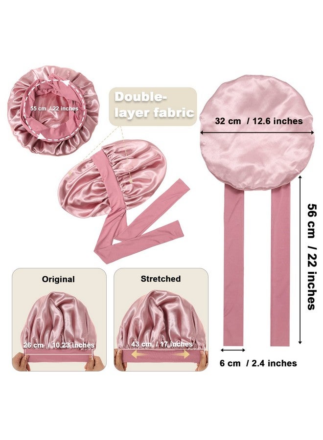 AWAYTR Satin Bonnet For Women Tie Band Hair Bonnet For Sleeping Large 2 Layered Silk Sleeping Cap Nightcap For Sleeping With 3Pcs Hair Scrunchies (Dust Rose(Bonus3 Hair Scrunchies)) - Image 2