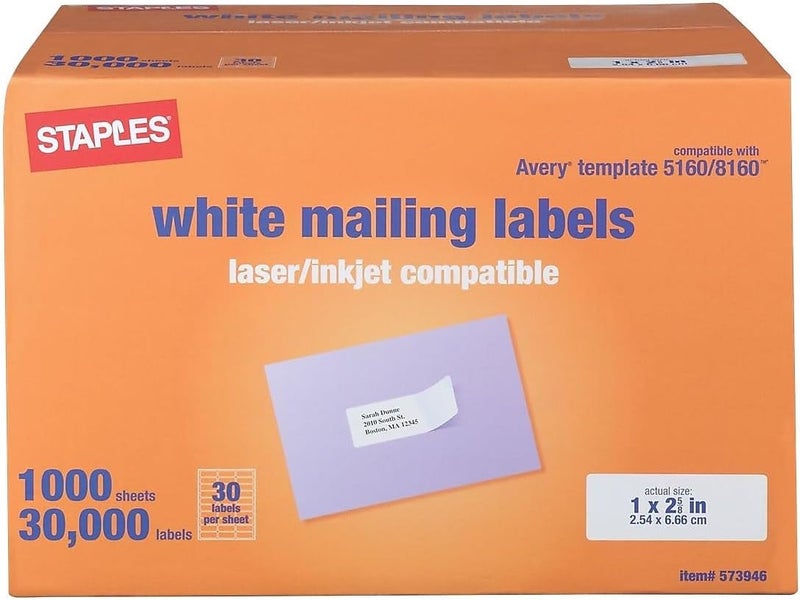 Staples 573946 LaserInkjet Address Labels 1Inch H x 2 58Inch W White 30 LabelsSheet - Image 1