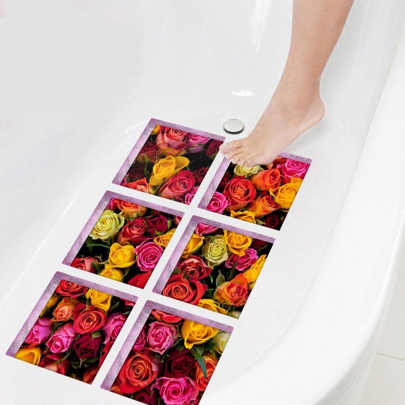 ChezMax Bath Treads Stickers Flower Pattern Square 3D Adhesive Anti Slip Tub Tattoos Safety Decals Mat Waterproof Shower Tub Sticker Bathtub Appliques for Bath Pools Home Decor 6 Pcs 5.9" X 5.9" - Image 2