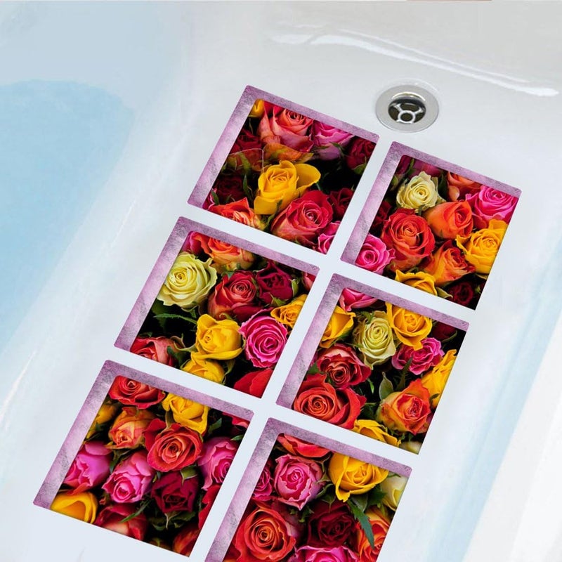 ChezMax Bath Treads Stickers Flower Pattern Square 3D Adhesive Anti Slip Tub Tattoos Safety Decals Mat Waterproof Shower Tub Sticker Bathtub Appliques for Bath Pools Home Decor 6 Pcs 5.9" X 5.9" - Image 1