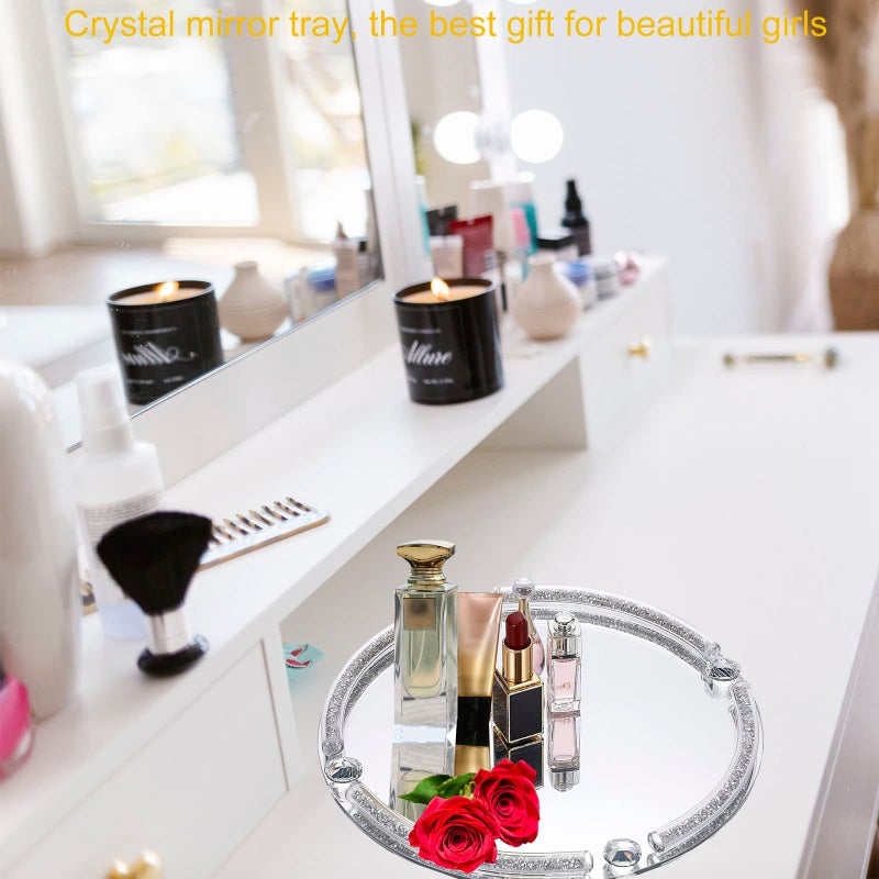LFGKeng Crystal Dresser Tray, Mirror Glass Makeup Vanity Organizer Filled Crushed Diamond, 10" x 10" Round Jewelry Trinket Perfume Tray for Bathroom Bedroom, Home Decor, Hotel Banquet, Party (Silver) - Image 2