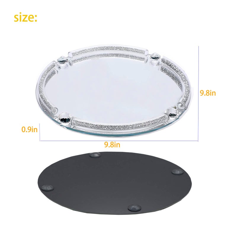 LFGKeng Crystal Dresser Tray, Mirror Glass Makeup Vanity Organizer Filled Crushed Diamond, 10" x 10" Round Jewelry Trinket Perfume Tray for Bathroom Bedroom, Home Decor, Hotel Banquet, Party (Silver) - Image 3
