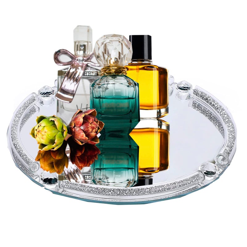 LFGKeng Crystal Dresser Tray, Mirror Glass Makeup Vanity Organizer Filled Crushed Diamond, 10" x 10" Round Jewelry Trinket Perfume Tray for Bathroom Bedroom, Home Decor, Hotel Banquet, Party (Silver) - Image 1