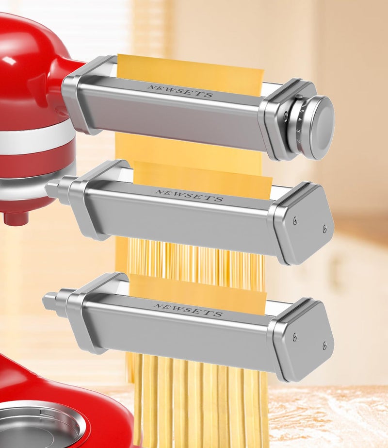 NEWSETS 3 PCS Pasta Maker Attachments for All KitchenAid Stand Mixers, Pasta Accessories Including Pasta Roller, Fettuccine Cutter, and Spaghetti Cutter for Noodle Ravioli, 304 Stainless Steel,Cleaning Crush - Image 1