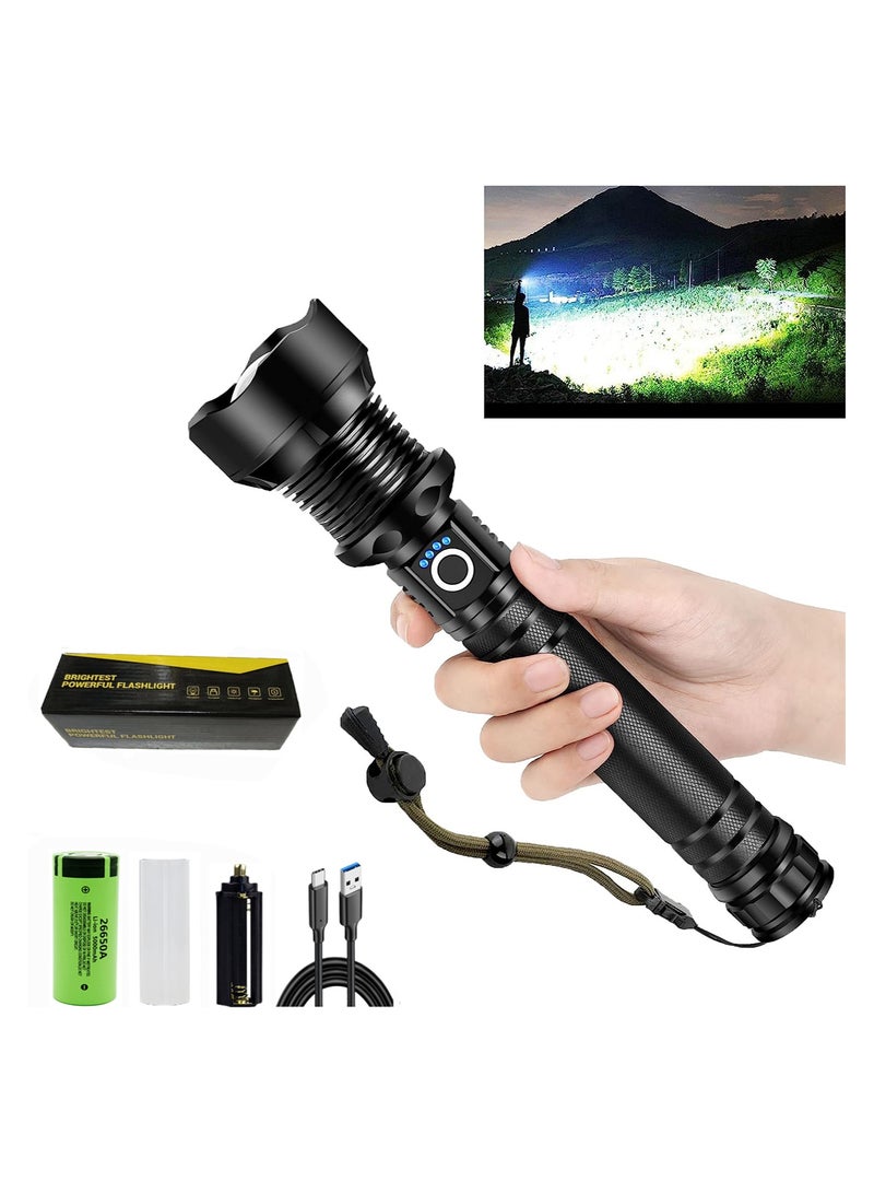 Rechargeable LED Glare Flashlight, High Lumens Flashlight, 5 Modes XHP70 Tactical Flashlight with Zoomable, Super Bright Waterproof Flashlights for Emergencies, Camping, Hiking - Image 1