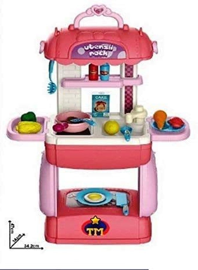 BLUEBELL 3 in 1 Kitchen Set for Kids 3 in 1 Multi Function Pretend Mobile Kitchen Play Set with Portable Suitcase Design for Girls and Boys (Pink Kitchen Set) - Image 1