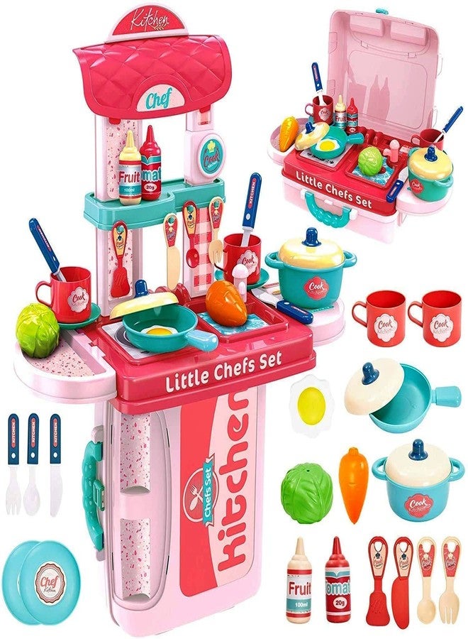 BLUEBELL 3 in 1 Kitchen Set for Kids 3 in 1 Multi Function Pretend Mobile Kitchen Play Set with Portable Suitcase Design for Girls and Boys (Pink Kitchen Set) - Image 2