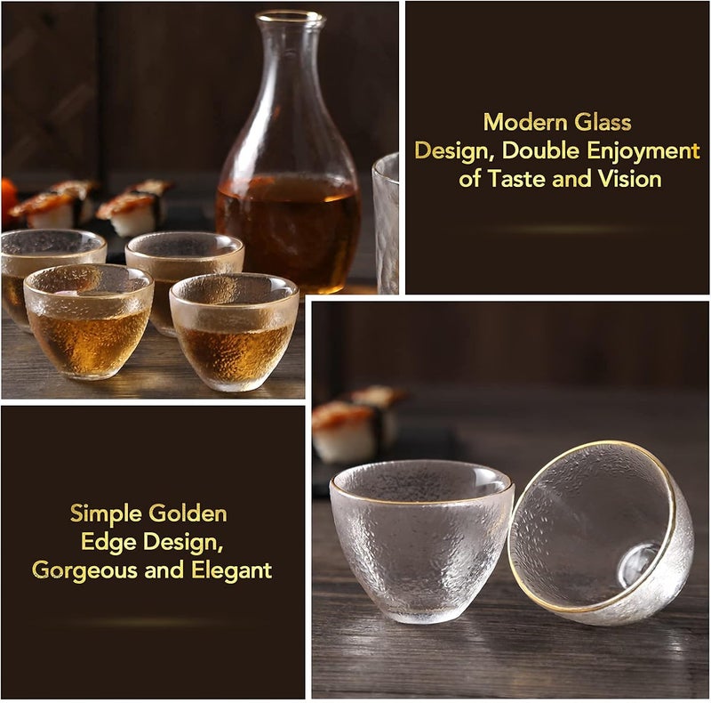 DUJUST Japanese Sake Set for 4, Glass Hammer Pattern in Golden Trim, 1 Crystal Clear Sake Bottle, 1 Sake Tank and 4 Sake Cups, Cold/Warm/Hot Sake Carafe, Special Japanese Gifts Set - 6 pcs - Image 2