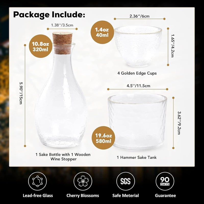 DUJUST Japanese Sake Set for 4, Glass Hammer Pattern in Golden Trim, 1 Crystal Clear Sake Bottle, 1 Sake Tank and 4 Sake Cups, Cold/Warm/Hot Sake Carafe, Special Japanese Gifts Set - 6 pcs - Image 5