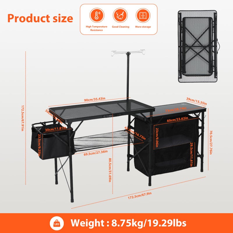 Nice C Camping Kitchen Table, Portable Folding Camp Cook Station, Storage Organizer, with Light Poles, Storage, Side Bag, Side Hooks, for Outdoor, Picnic, Beach, RV Traveling (Black) - Image 5