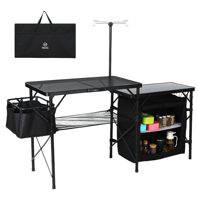 Nice C Camping Kitchen Table, Portable Folding Camp Cook Station, Storage Organizer, with Light Poles, Storage, Side Bag, Side Hooks, for Outdoor, Picnic, Beach, RV Traveling (Black) - Image 1