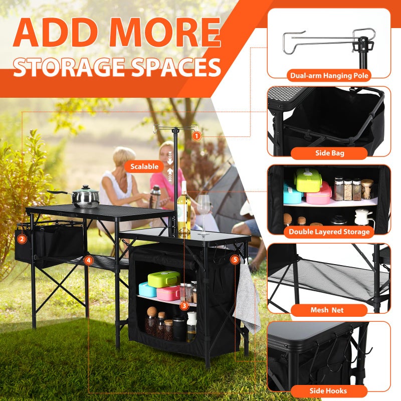 Nice C Camping Kitchen Table, Portable Folding Camp Cook Station, Storage Organizer, with Light Poles, Storage, Side Bag, Side Hooks, for Outdoor, Picnic, Beach, RV Traveling (Black) - Image 3