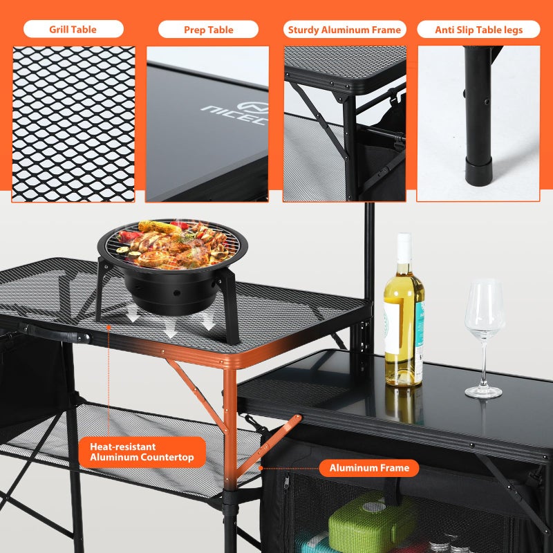 Nice C Camping Kitchen Table, Portable Folding Camp Cook Station, Storage Organizer, with Light Poles, Storage, Side Bag, Side Hooks, for Outdoor, Picnic, Beach, RV Traveling (Black) - Image 4