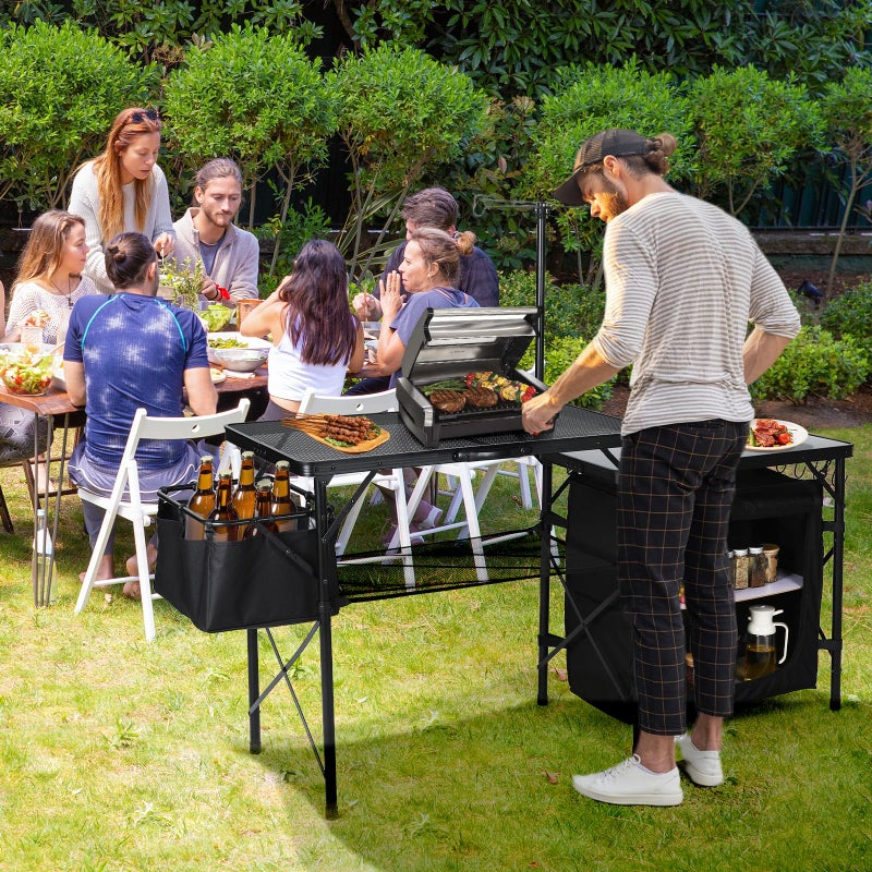 Nice C Camping Kitchen Table, Portable Folding Camp Cook Station, Storage Organizer, with Light Poles, Storage, Side Bag, Side Hooks, for Outdoor, Picnic, Beach, RV Traveling (Black) - Image 2