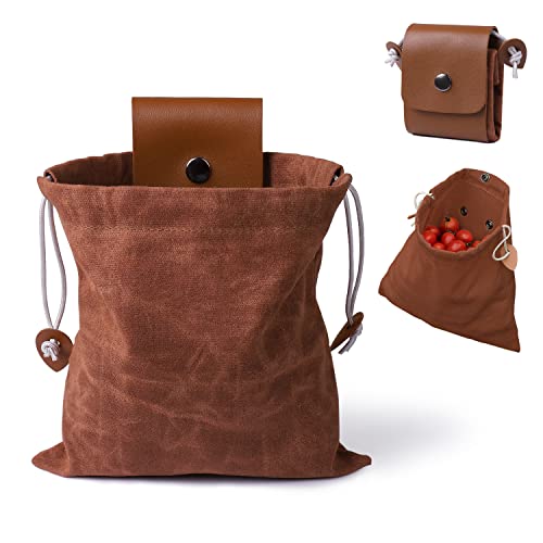 LiveGallery Brown Foraging Bag Outdoor Picking Fruit Bags Waxed Canvas Foraging Pouch Foldable Leather Belt Pouch With Drawstring MultiPurpose Picking Bag for Camping Shells Treasures Travel Hiking Tools - Image 1