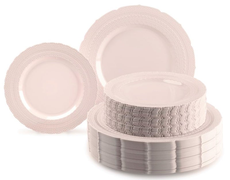 OCCASIONS FINEST PLASTIC TABLEWARE OCCASIONS  120 Plates Pack60 Guests Extra Heavyweight Vintage Wedding DisposableReusable Plastic Plates 60x11 Dinner60 x 825 SaladDessert Plate Chateau Blush Pink 