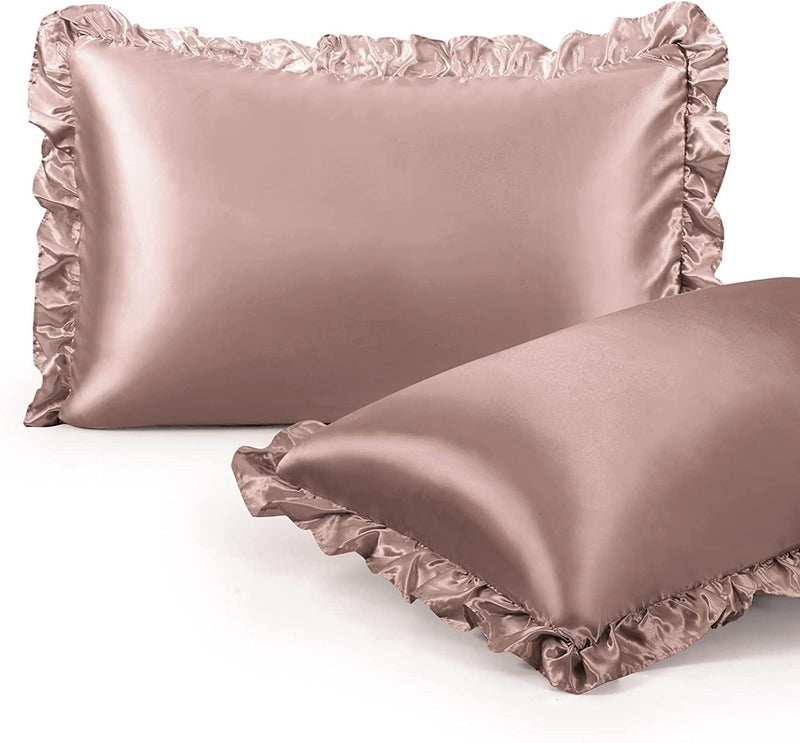 GO WELL Ruffle Satin Pillowcase for Hair and Skin, Standard Size Satin Pillow Covers Silky Pillow Cases Set of 2, Satin Ruffled Pillowcase with Envelope Closure,Silk Pillow case(Rose Taupe) 1000TC - Image 4