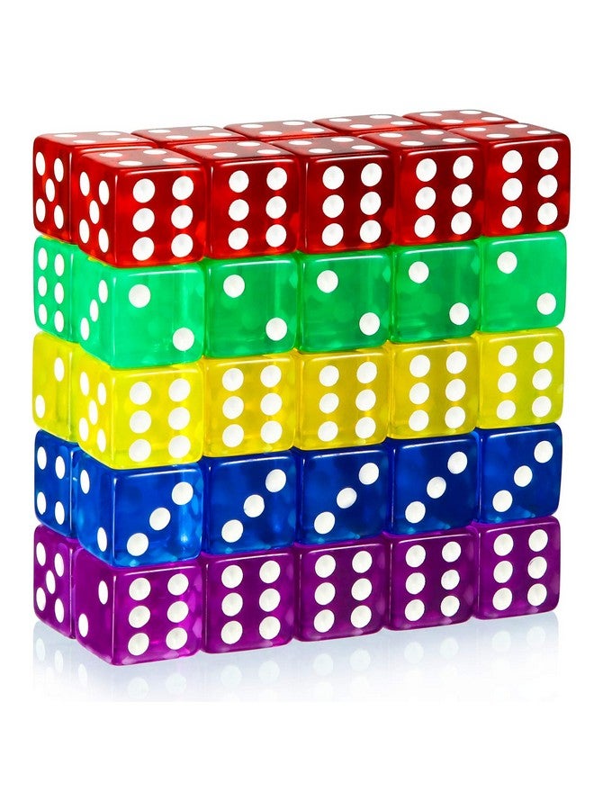 Blulu [50 Pieces] 6-Sided Games Dice Set, Colored Dice with Black Velvet Pouches for Games, Like Board Pastime, Math Contest, Party Favors(Purple, Blue, Green, Red, Yellow, Transparent Square Edge)  - Image 1