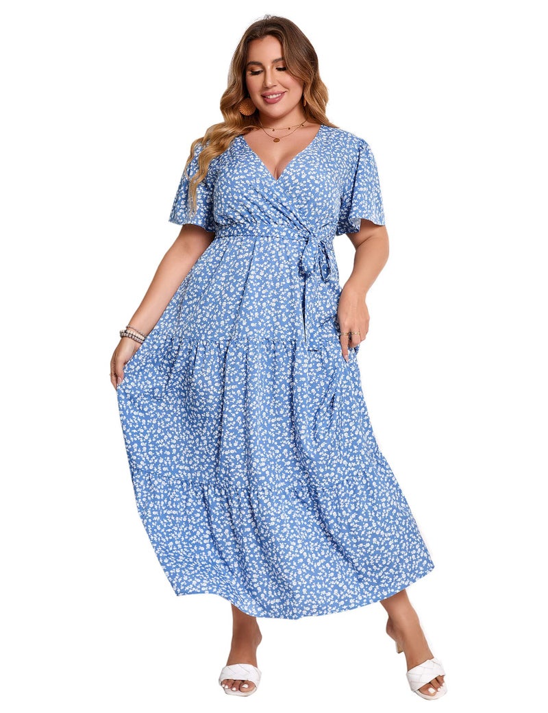 KOJOOIN Women Plus Size V Neck Wrap Maxi Dress Short Sleeves High Waist Ruffle Summer Casual Dress with Belt Blue White Flower 3XL - Image 1