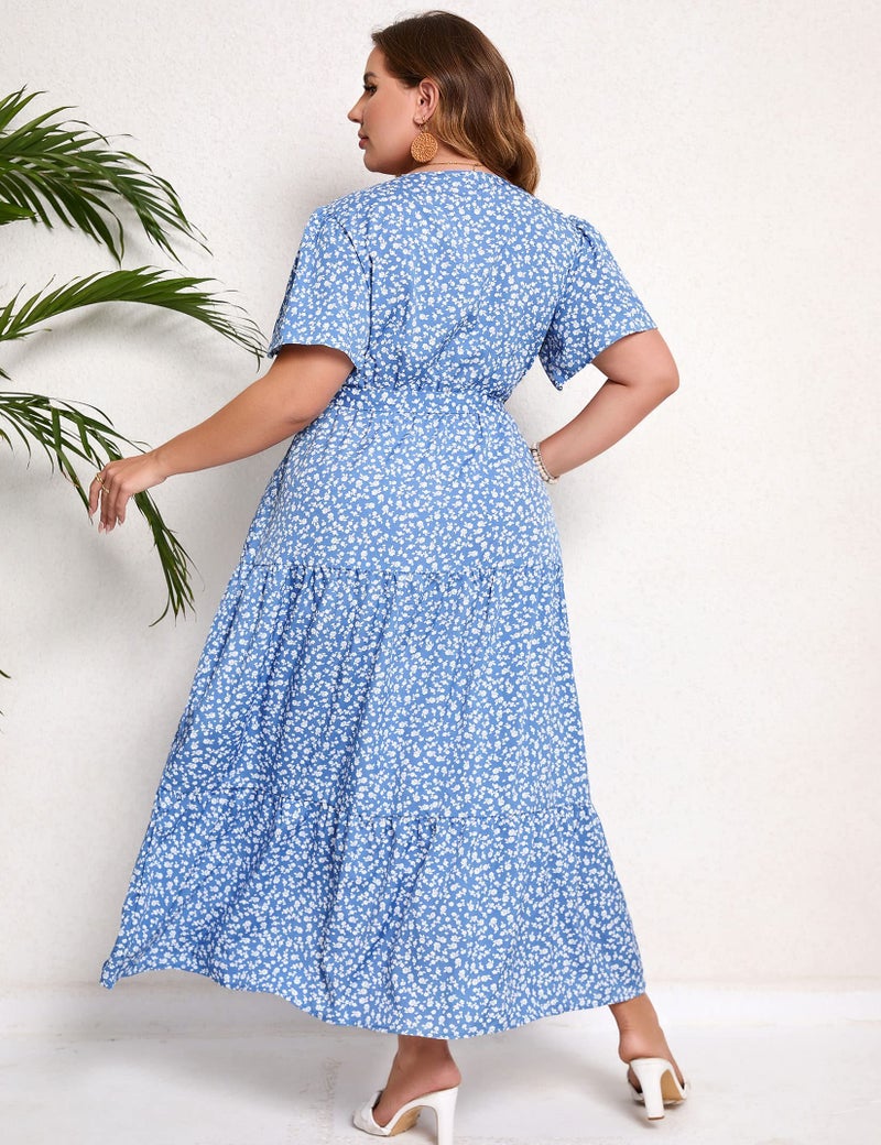 KOJOOIN Women Plus Size V Neck Wrap Maxi Dress Short Sleeves High Waist Ruffle Summer Casual Dress with Belt Blue White Flower 3XL - Image 5