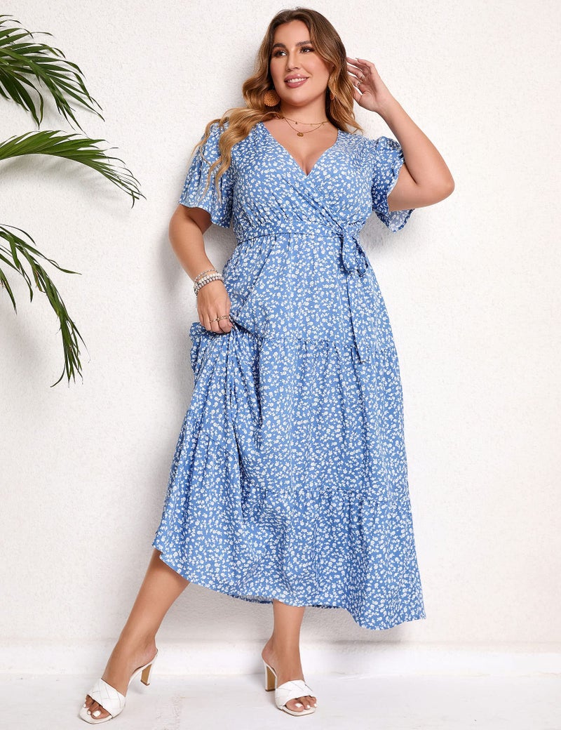 KOJOOIN Women Plus Size V Neck Wrap Maxi Dress Short Sleeves High Waist Ruffle Summer Casual Dress with Belt Blue White Flower 3XL - Image 2