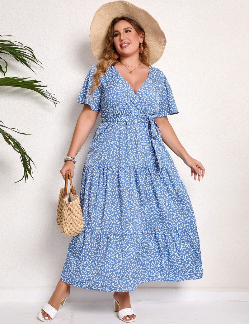 KOJOOIN Women Plus Size V Neck Wrap Maxi Dress Short Sleeves High Waist Ruffle Summer Casual Dress with Belt Blue White Flower 3XL - Image 3