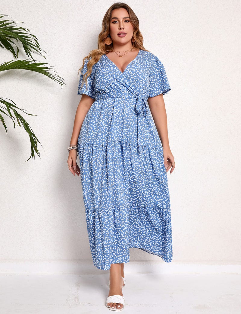 KOJOOIN Women Plus Size V Neck Wrap Maxi Dress Short Sleeves High Waist Ruffle Summer Casual Dress with Belt Blue White Flower 3XL - Image 4