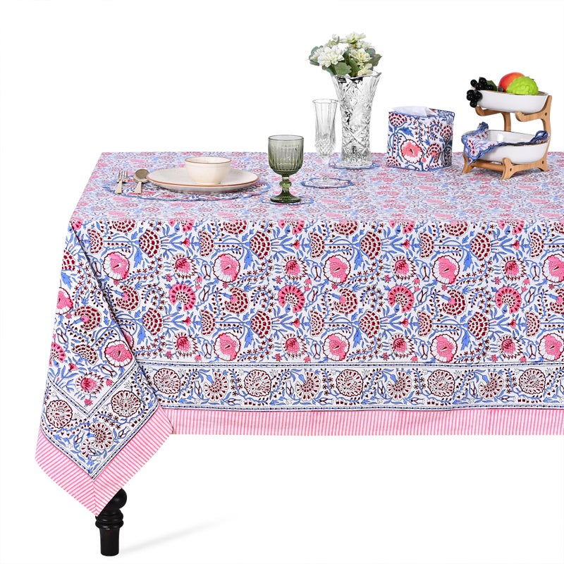 Ridhi Hand Block Print Cotton Cloth Dinning Table Cover Wedding Farmhouse Thanks Giving Christmas Spring Tablecloth Pigeon Blue and Flamingo Pink 4 Seater 60x60 Inches