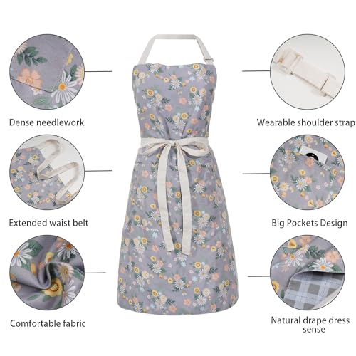Aoomzoon Kitchen Aprons for Women with 2 Pockets,Double Sided Vintage Adjustable Apron for Gardening Cooking Arting Painting (Soft Mist Grey) - Image 5