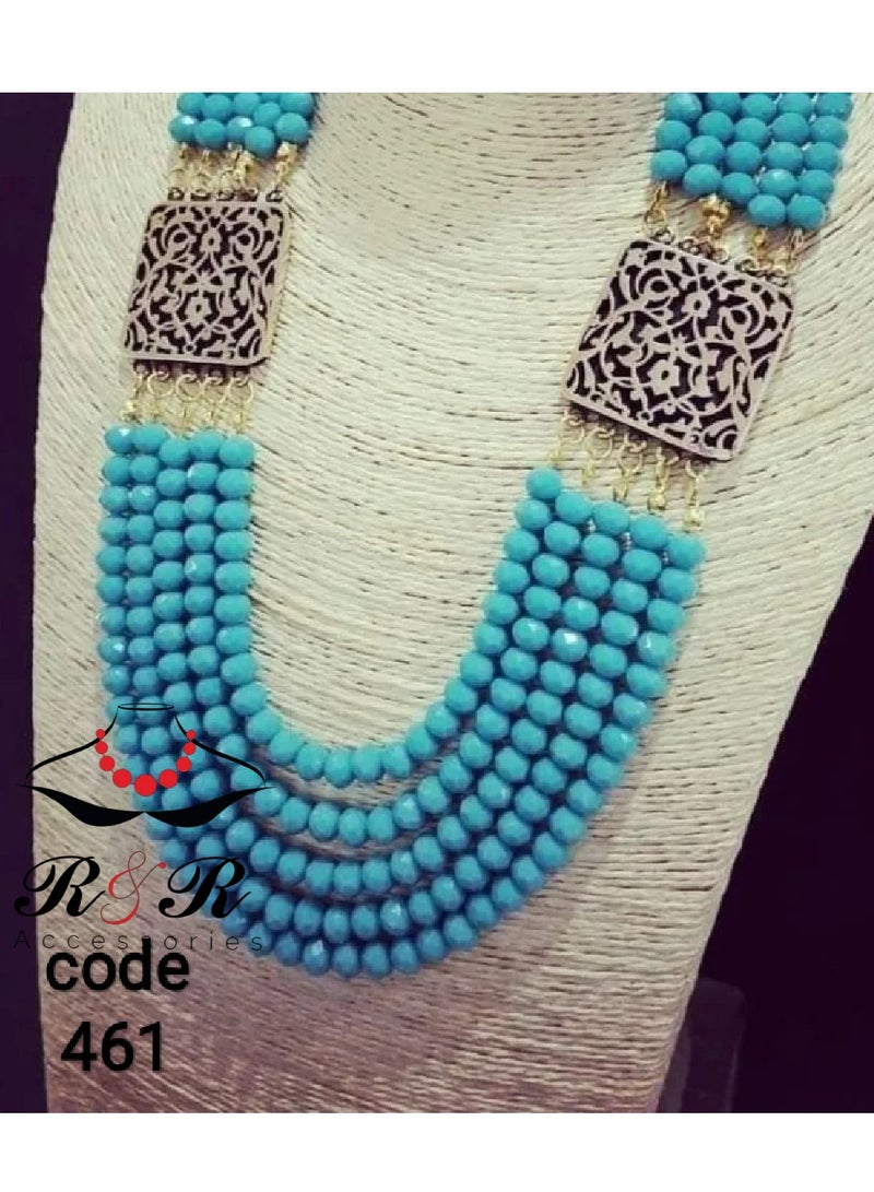 R&R Multi-role women's necklace of stretchy milky crystal with a copper pendant