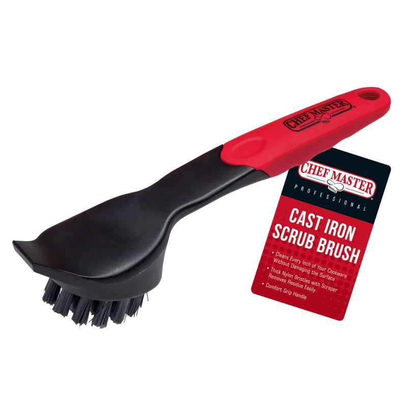 Cast Iron Scrub Brush Scraper Dish Scrubber Brush with Heavy Duty Scraper Superior Nylon Bristles for Cleaning Cast Iron Pan Skillets Removes Grime Grease Food Build Up by Chef Master 90058