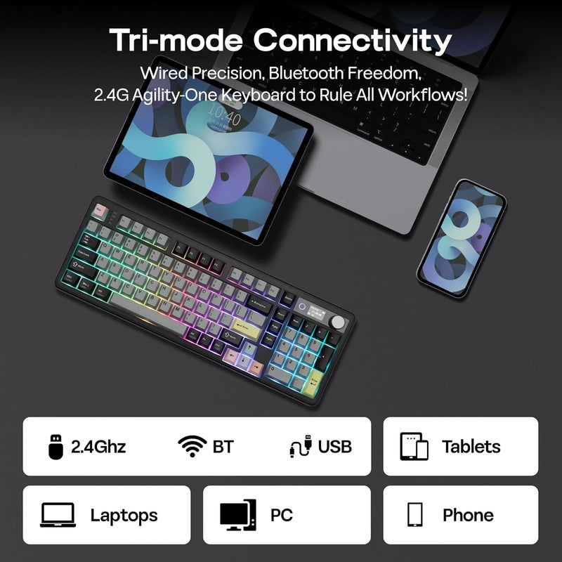EPOMAKER TH99 PRO 96% Mechanical Keyboard with Screen & Knob, 10000mAh, 2.4Ghz/BT, Hot Swap, Custom Driver, RGB Backlight, PBT Keycap, Wireless Gaming Keyboard for PC/Mac (Black, Creamy Jade) - Image 5