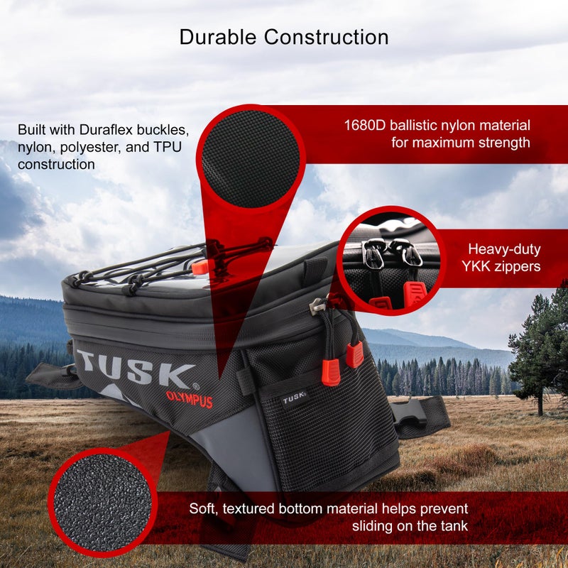 TUSK Olympus Tank Bag Large â€“ 8L Motorcycle Luggage, Black/Grey, Waterproof Zippers, Phone Map Pocket, Fits ADV, Dual Sport, Touring, and Dirt Bikes - Image 3