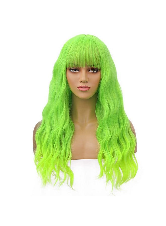 بيرون باروكة شعر مستعار أخضر من بيرون بطول 26 بوصة، باروكة شعر مستعار طويل مجعد مع غرة، باروكة شعر مستعار أخضر نيون، باروكة شعر مستعار صناعي للنساء والفتيات باللون الأخضر مع غطاء شعر مستعار - Image 1