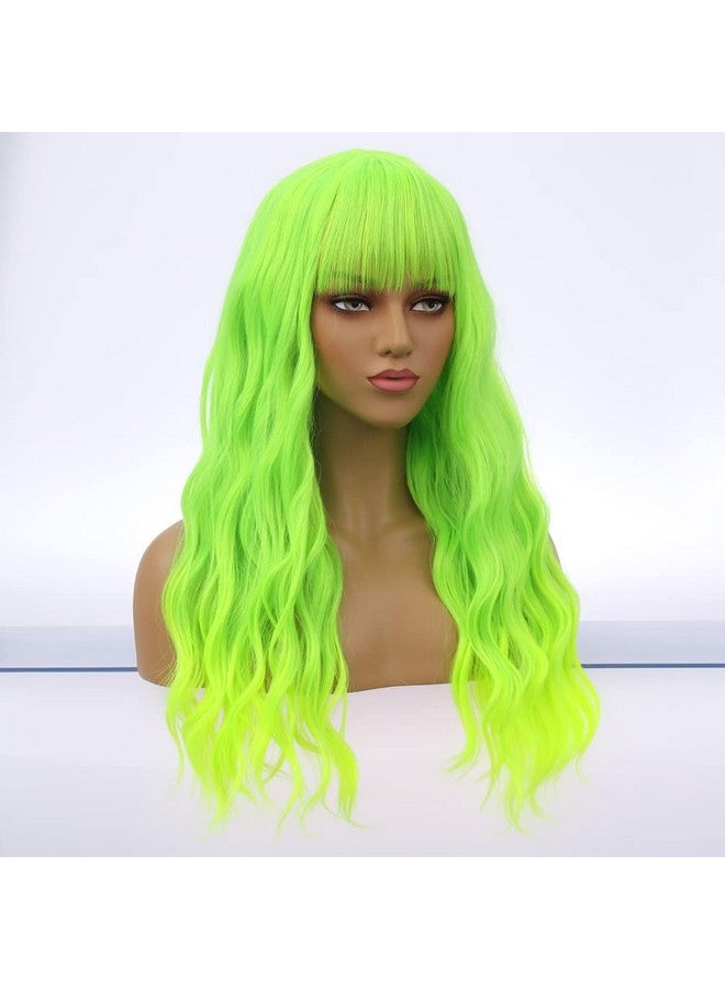 بيرون باروكة شعر مستعار أخضر من بيرون بطول 26 بوصة، باروكة شعر مستعار طويل مجعد مع غرة، باروكة شعر مستعار أخضر نيون، باروكة شعر مستعار صناعي للنساء والفتيات باللون الأخضر مع غطاء شعر مستعار - Image 2