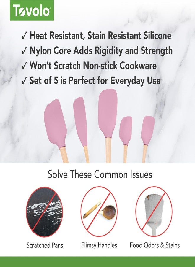 Tovolo Silicone Spatula with Wooden Handle Set of 5 Piece Silicone Kitchen Utensil Set Spoonula Jar Scraper Mini Spatula and Spoonula for Cooking Baking Mixing Folding Pink Sorbet - Image 3