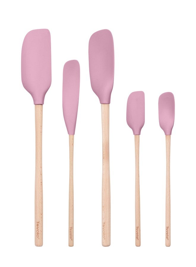 Tovolo Silicone Spatula with Wooden Handle Set of 5 Piece Silicone Kitchen Utensil Set Spoonula Jar Scraper Mini Spatula and Spoonula for Cooking Baking Mixing Folding Pink Sorbet - Image 1
